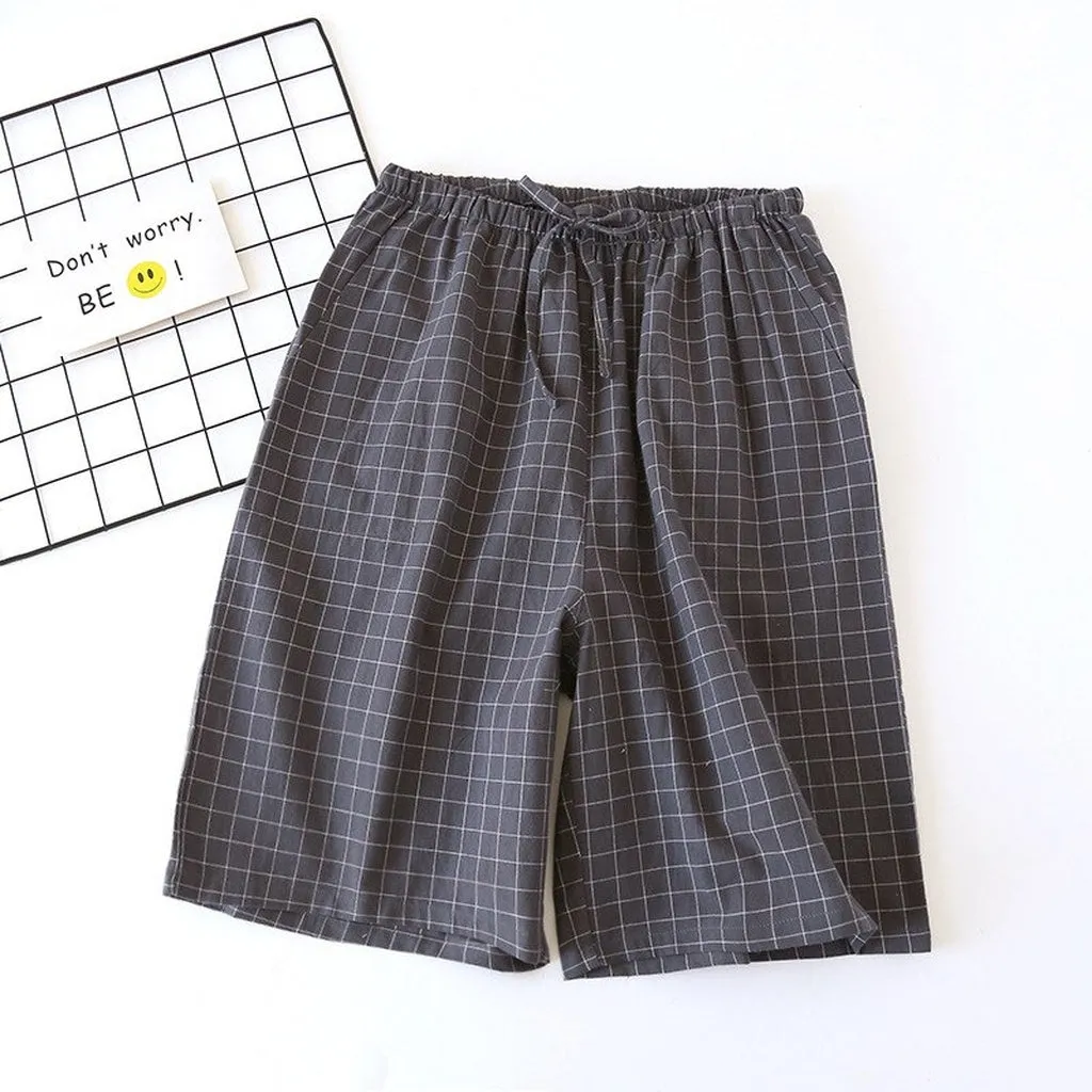 Fashion Plaid Shorts Sleep Bottoms Men Sleepwear Pants Soft 100% Cotton Home Shorts Men Casual Pajamas Pants Male Hot Sale