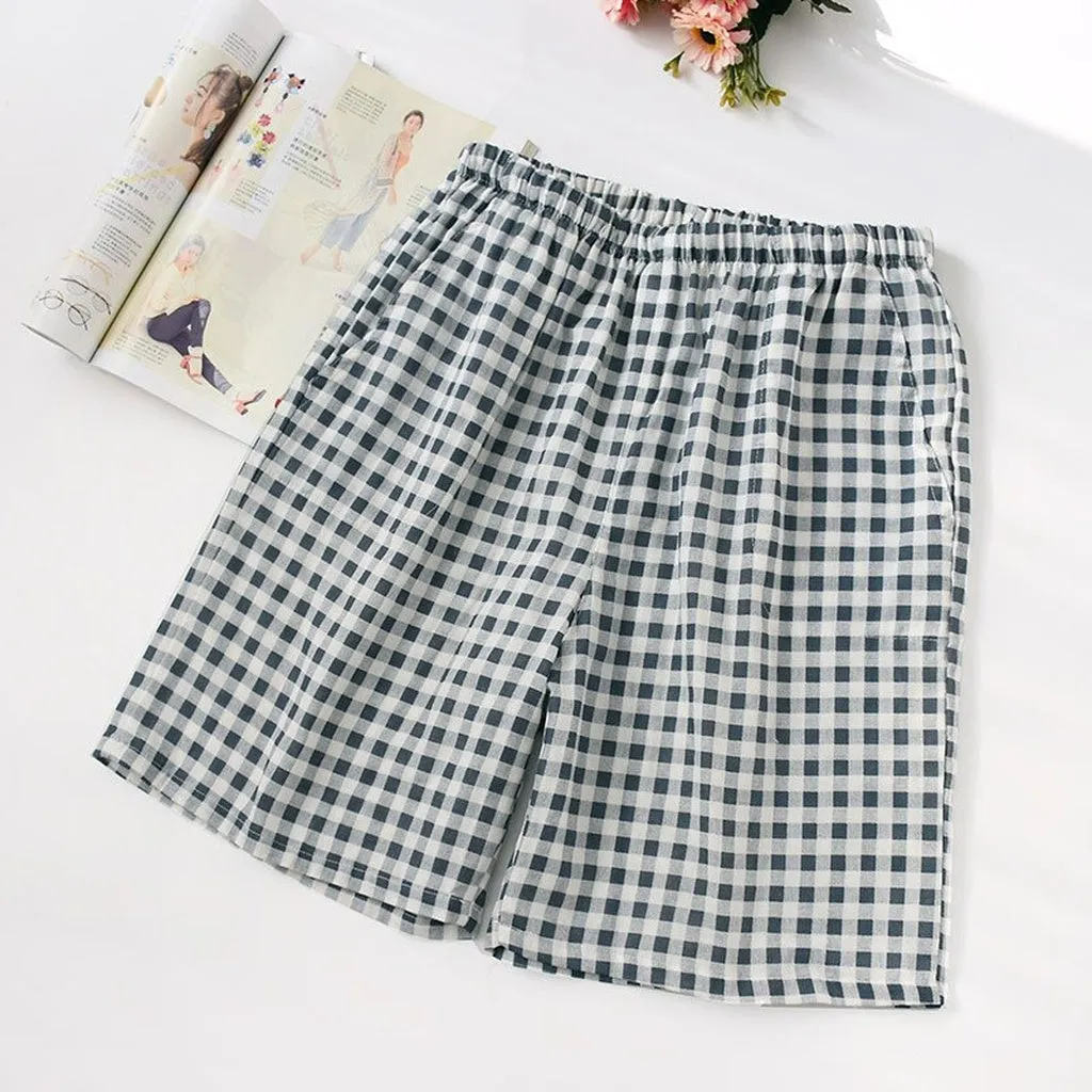 Fashion Plaid Shorts Sleep Bottoms Men Sleepwear Pants Soft 100% Cotton Home Shorts Men Casual Pajamas Pants Male Hot Sale