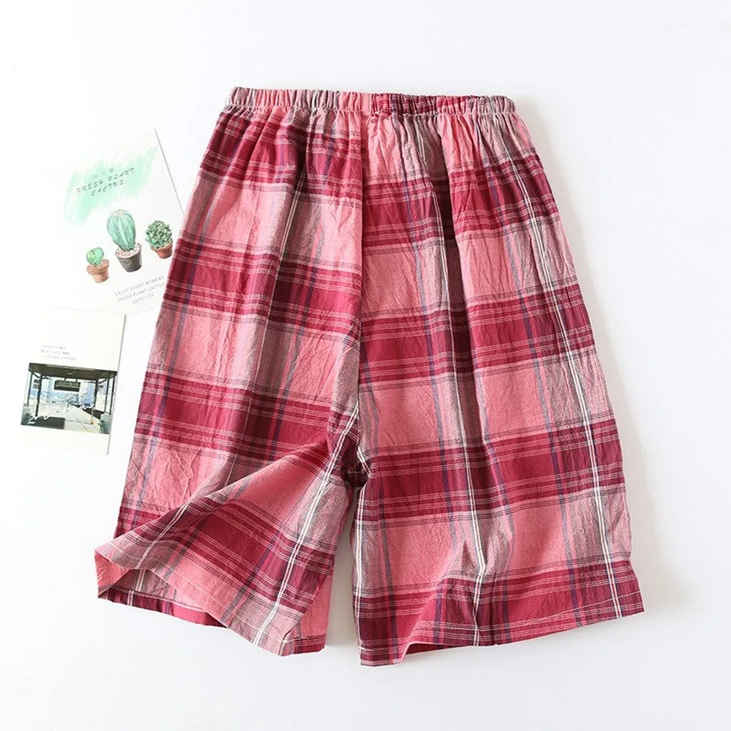 Fashion Plaid Shorts Sleep Bottoms Men Sleepwear Pants Soft 100% Cotton Home Shorts Men Casual Pajamas Pants Male Hot Sale