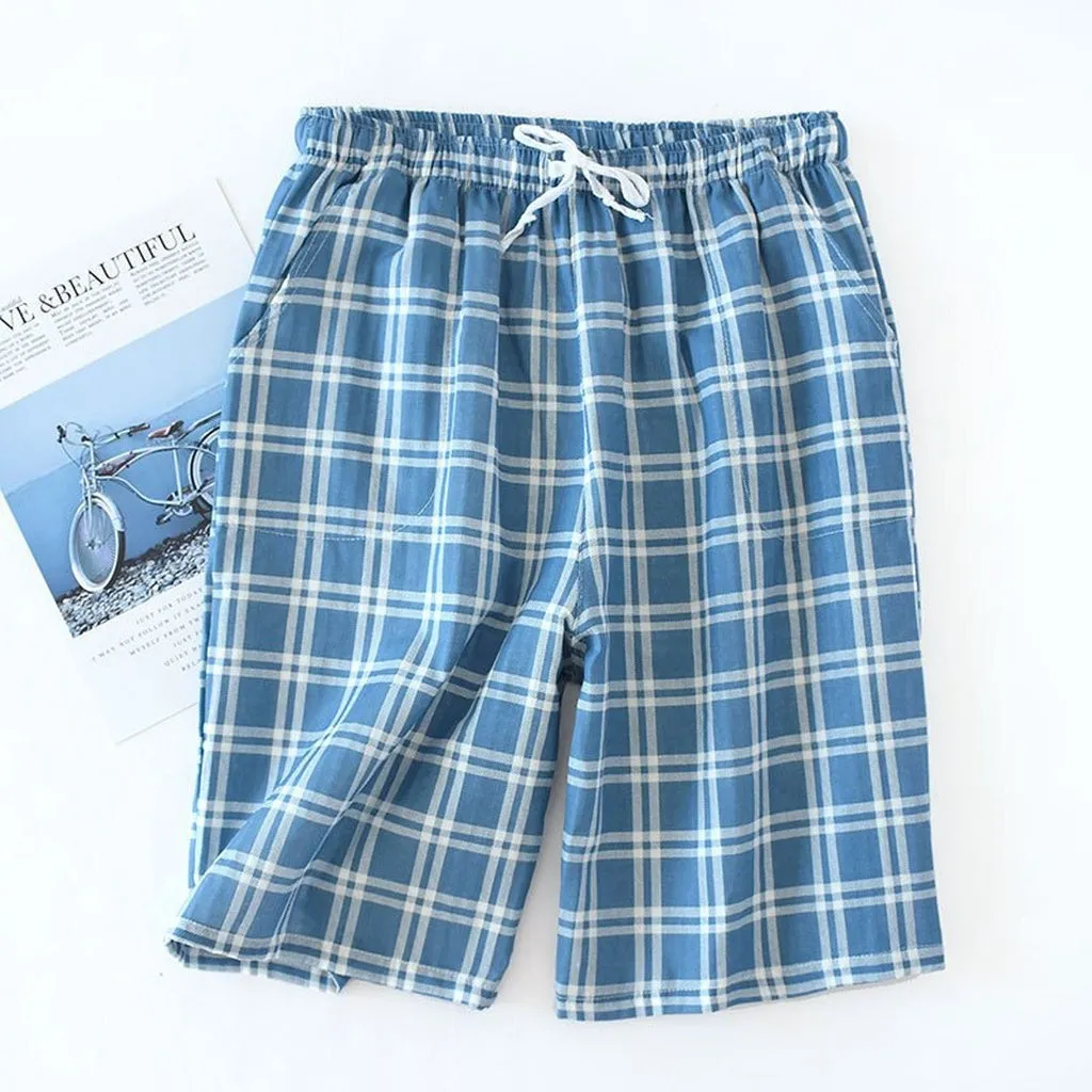 Fashion Plaid Shorts Sleep Bottoms Men Sleepwear Pants Soft 100% Cotton Home Shorts Men Casual Pajamas Pants Male Hot Sale