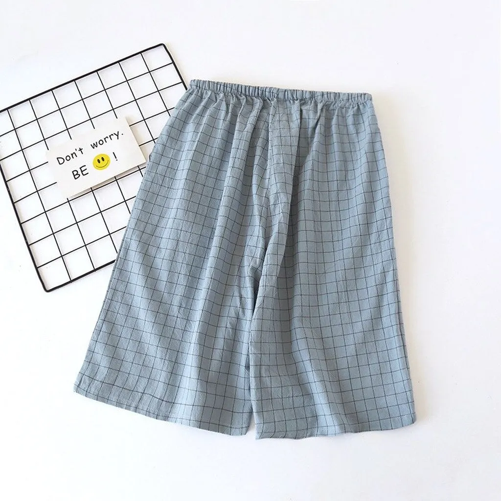 Fashion Plaid Shorts Sleep Bottoms Men Sleepwear Pants Soft 100% Cotton Home Shorts Men Casual Pajamas Pants Male Hot Sale