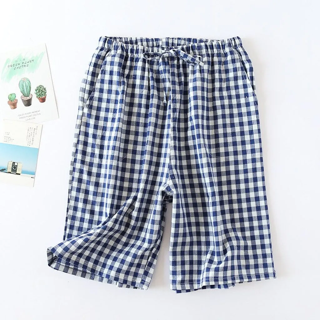 Fashion Plaid Shorts Sleep Bottoms Men Sleepwear Pants Soft 100% Cotton Home Shorts Men Casual Pajamas Pants Male Hot Sale
