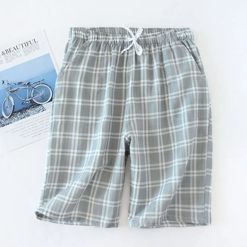 Fashion Plaid Shorts Sleep Bottoms Men Sleepwear Pants Soft 100% Cotton Home Shorts Men Casual Pajamas Pants Male Hot Sale