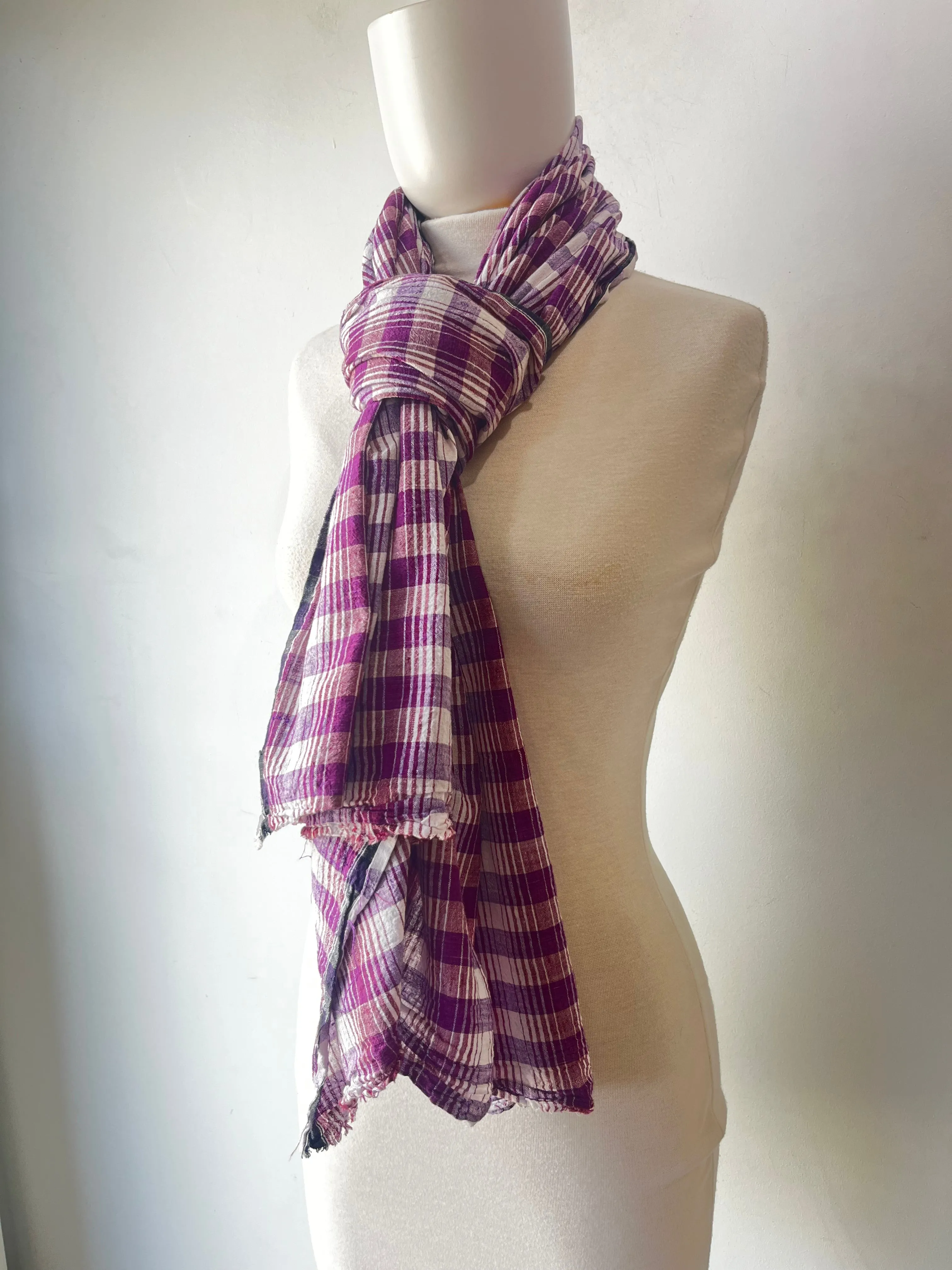 Indian Cotton Purple and White Plaid Scarf