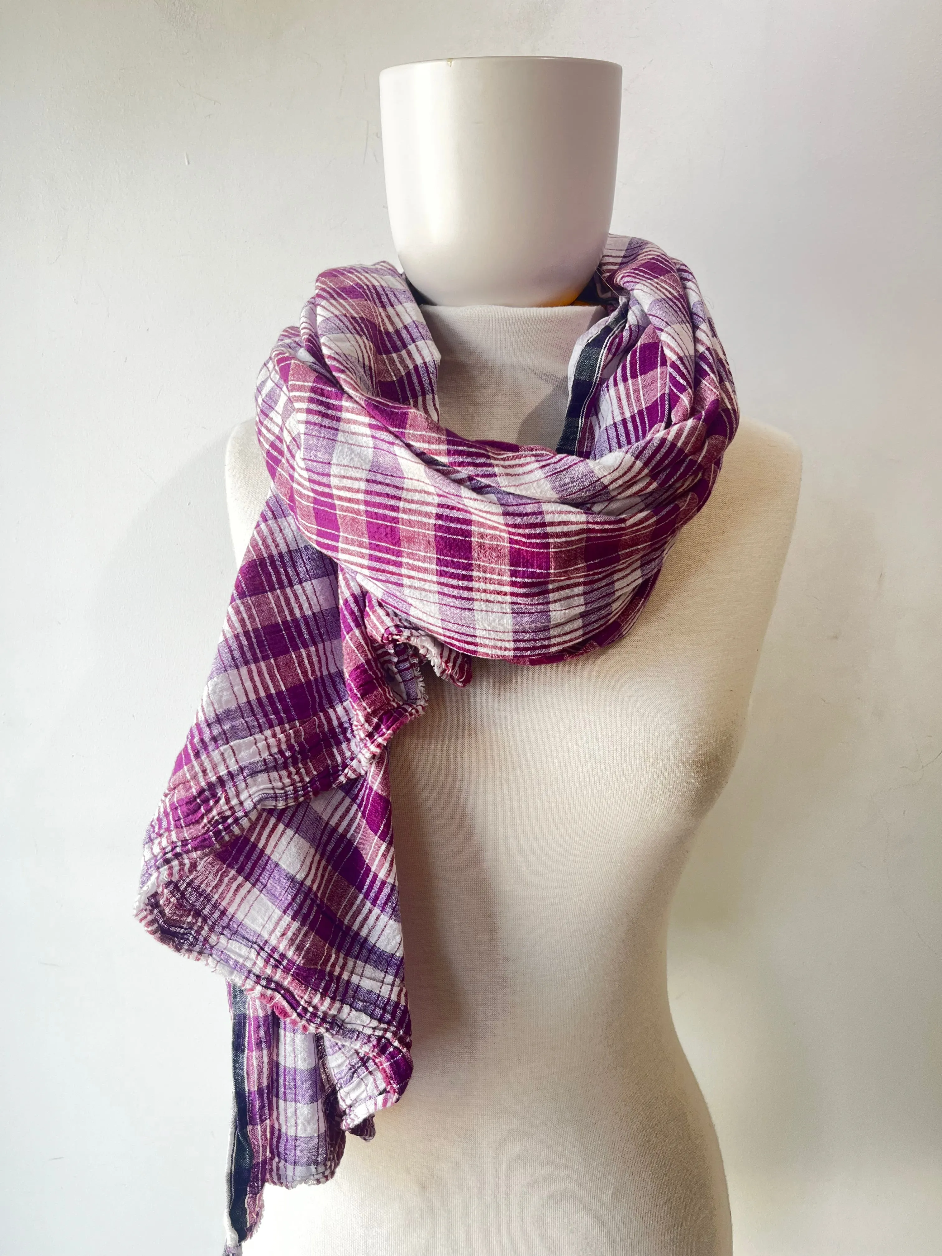 Indian Cotton Purple and White Plaid Scarf
