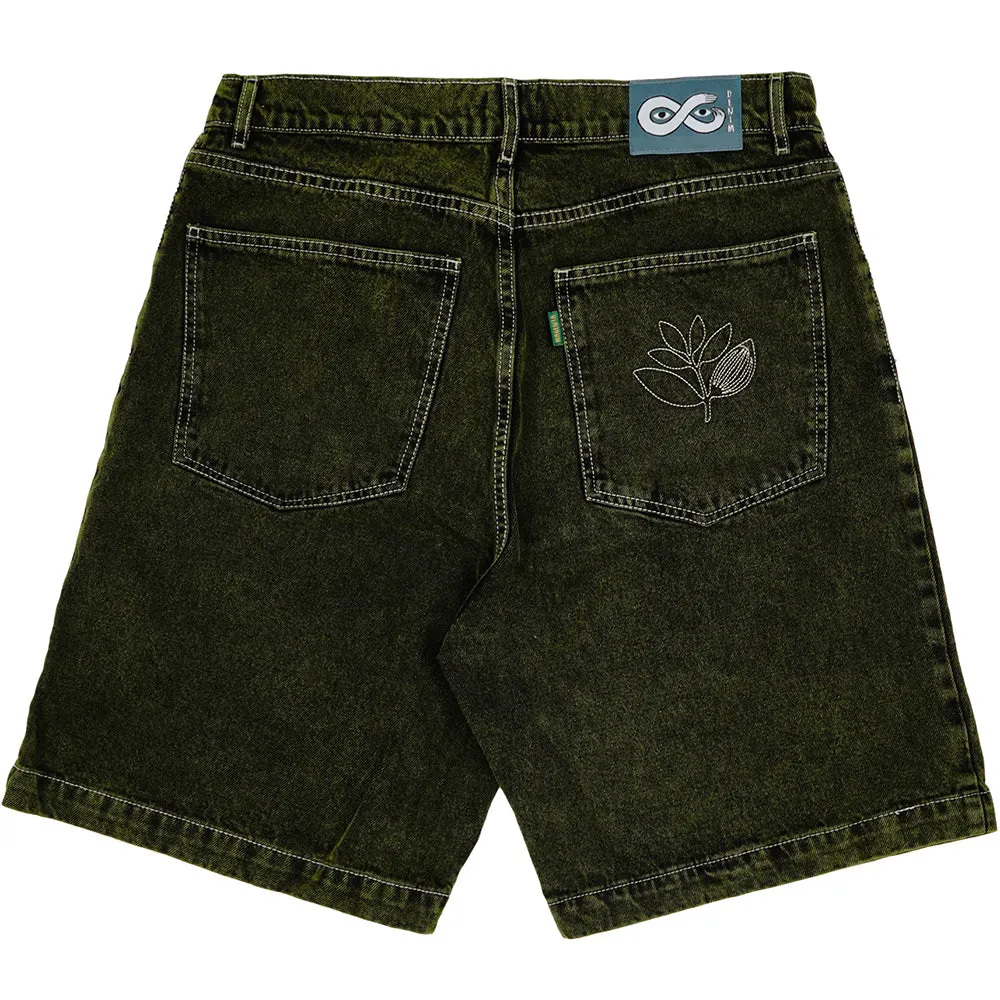 Magenta OG Denim Long Shorts Dyed Green Denim
