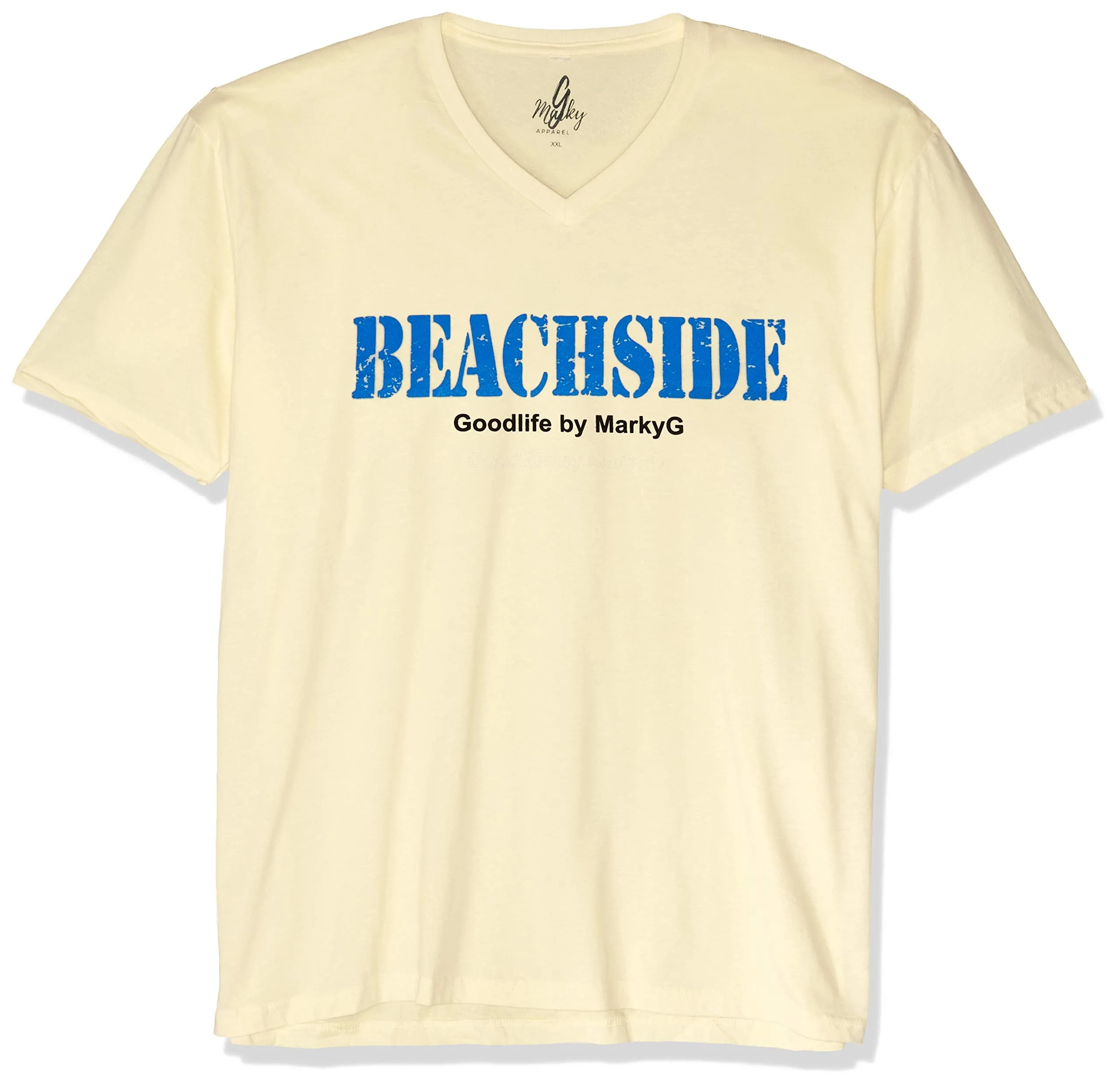 Marky G Apparel Men's Beach Side Graphic Printed Premium Fitted Sueded Tops Short Sleeve V-Neck T-Shirt