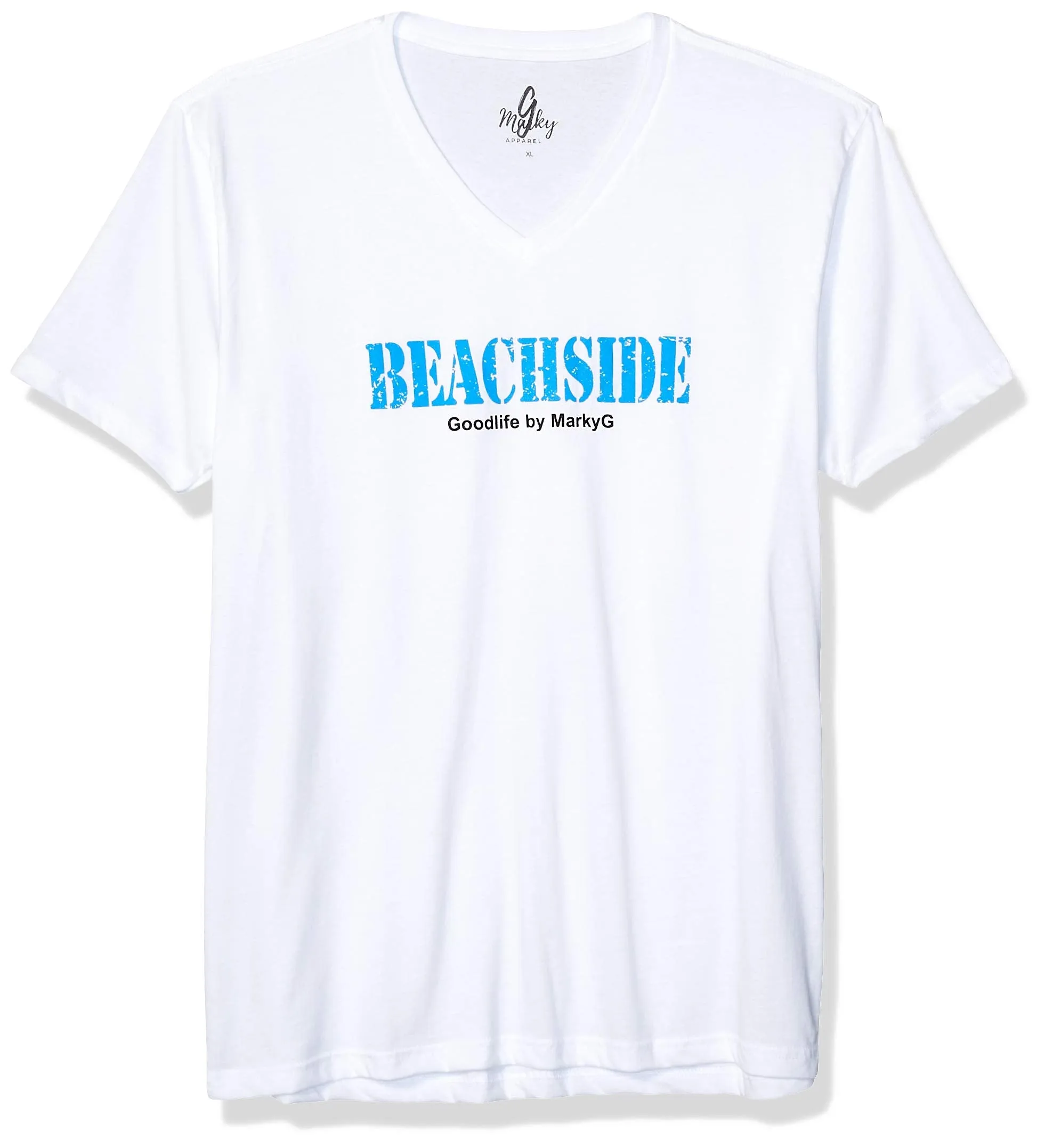 Marky G Apparel Men's Beach Side Graphic Printed Premium Fitted Sueded Tops Short Sleeve V-Neck T-Shirt