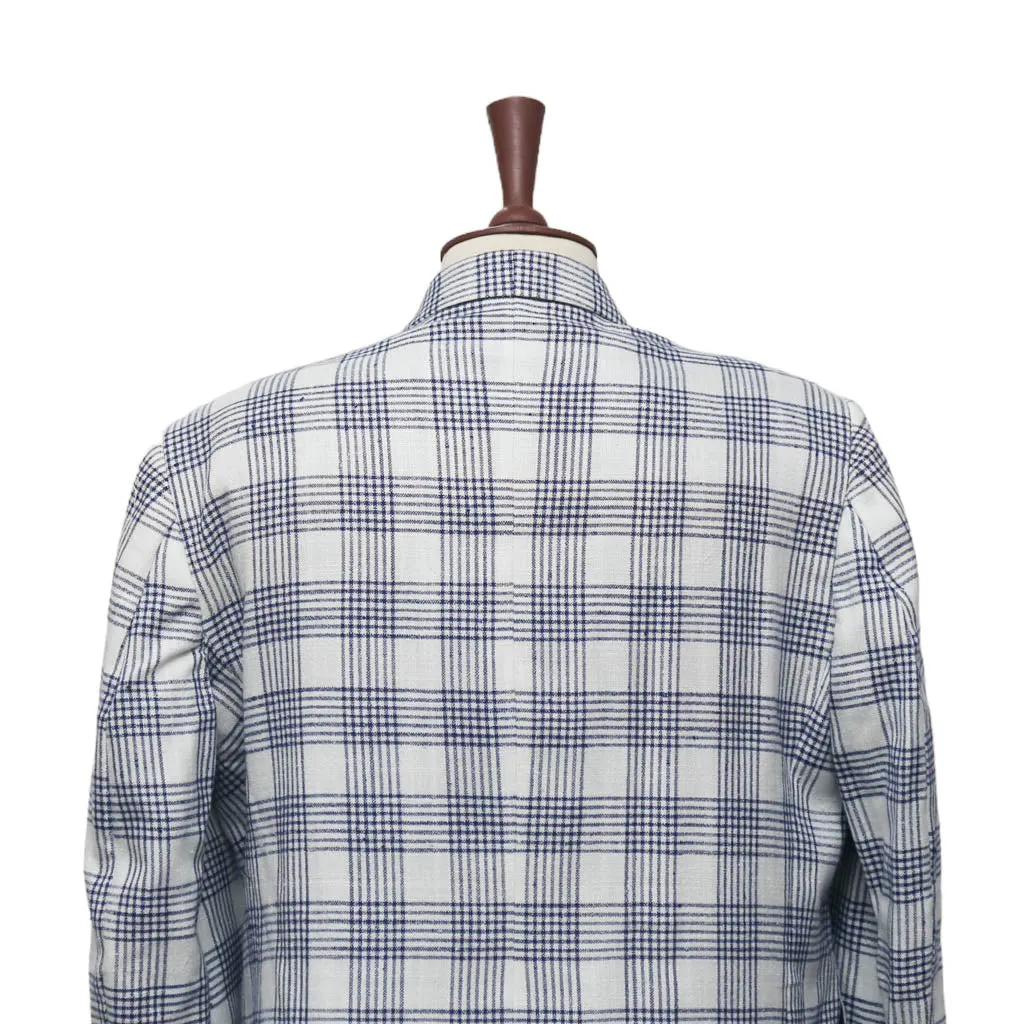 Mens Blazer White Blue Plaid Check Cotton 2 Button Dress Formal Suit Jacket Wedding Sport Coat 46R