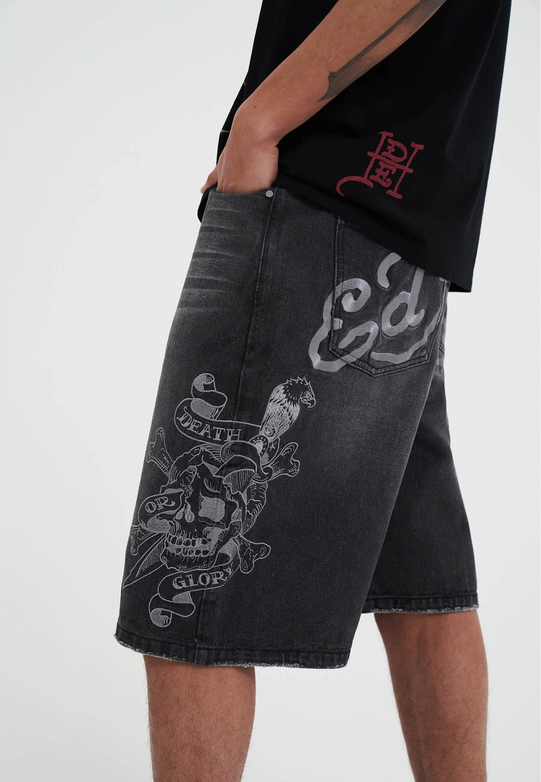 Mens Death Or Glory Denim Skater Jorts Shorts - Black