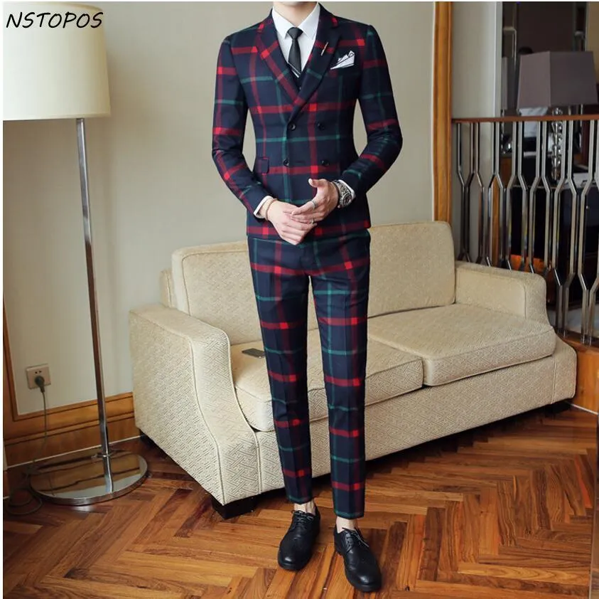 Men's Fashion 3pc Plaid Suit Up To 2XL(Jacket  Vest Pants)