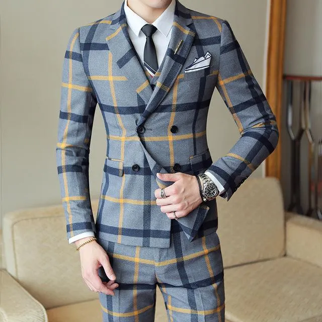Men's Fashion 3pc Plaid Suit Up To 2XL(Jacket  Vest Pants)