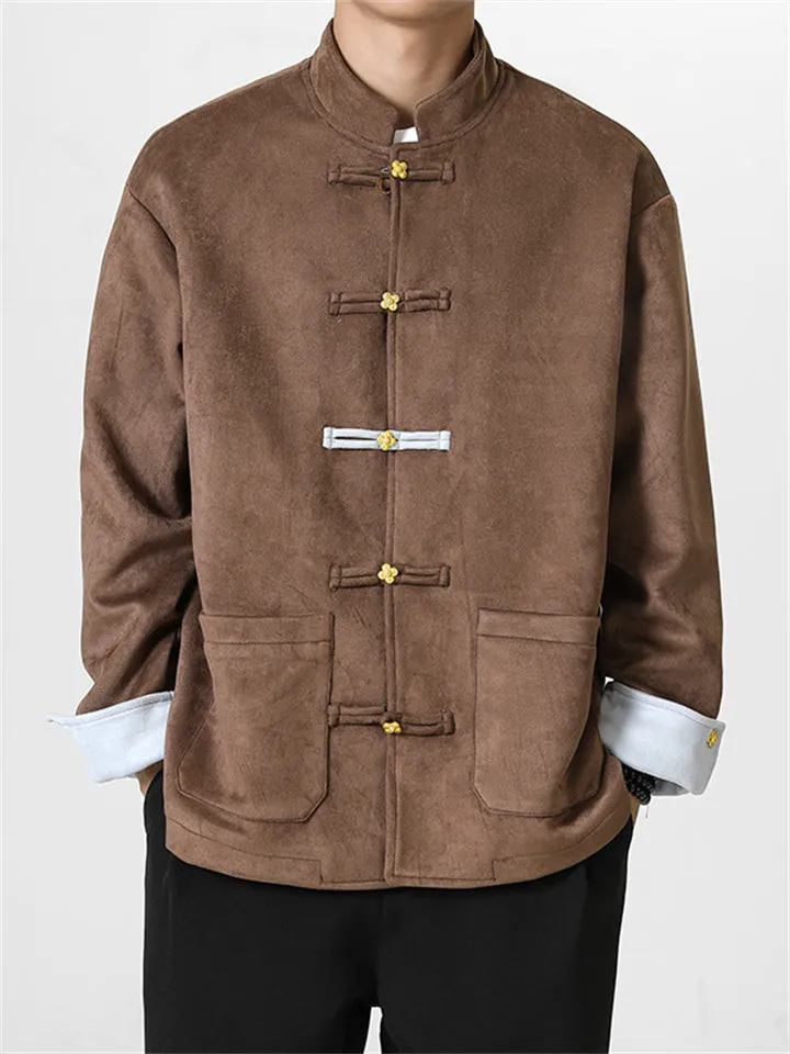 Men's Four Leaf Clover Metallic Button Contrast Color Suede Jacket