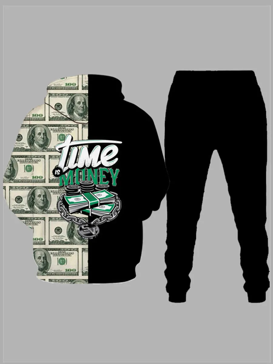 Men's Hooded Money Printed Black/Green Sweat Suit