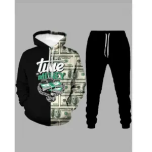 Men's Hooded Money Printed Black/Green Sweat Suit