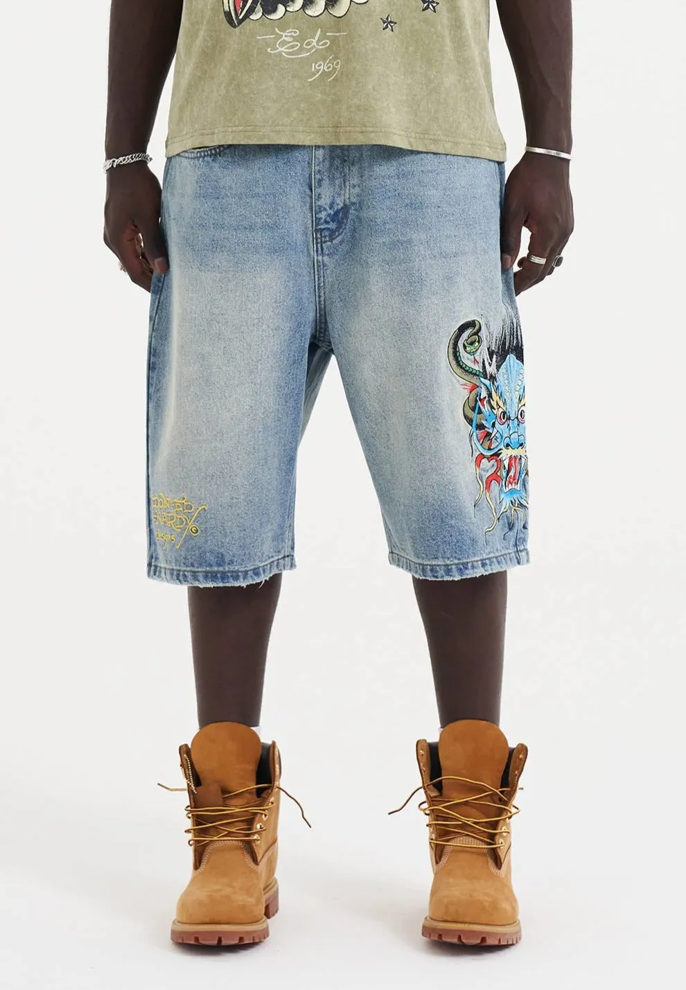 Mens Medusa Drag Denim Skater Jorts Shorts - Bleach
