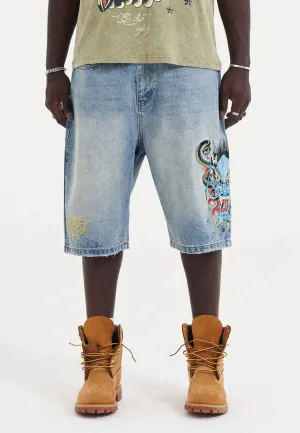 Mens Medusa Drag Denim Skater Jorts Shorts - Bleach