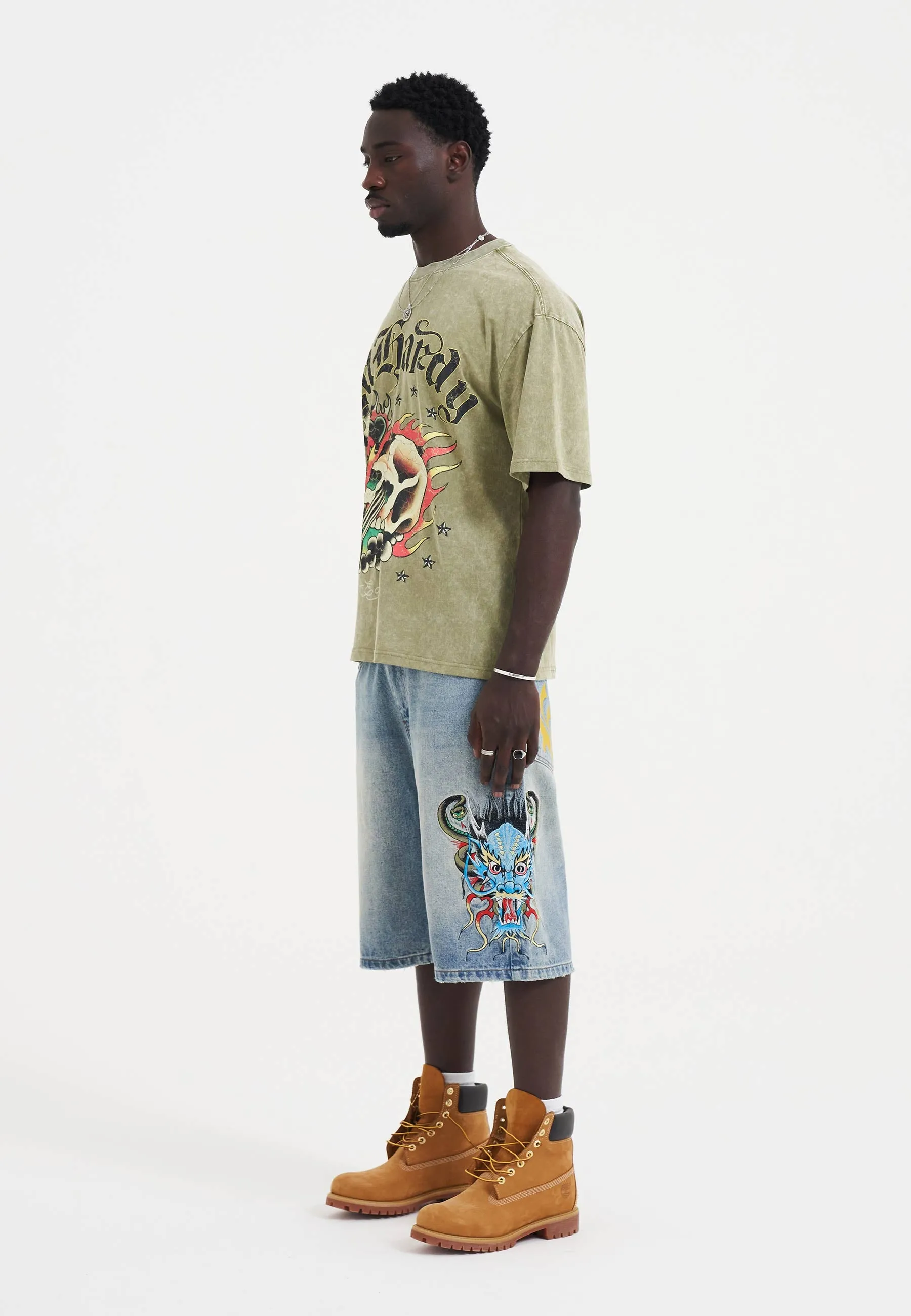 Mens Medusa Drag Denim Skater Jorts Shorts - Bleach