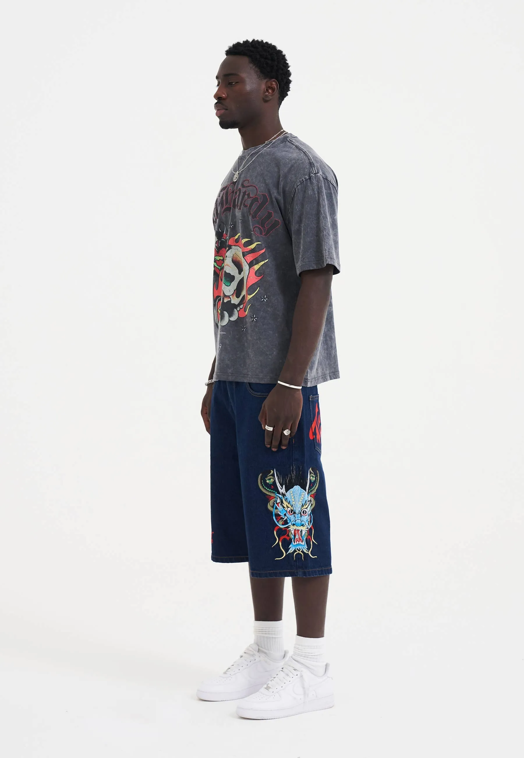 Mens Medusa Drag Denim Skater Jorts Shorts - Blue Rinse