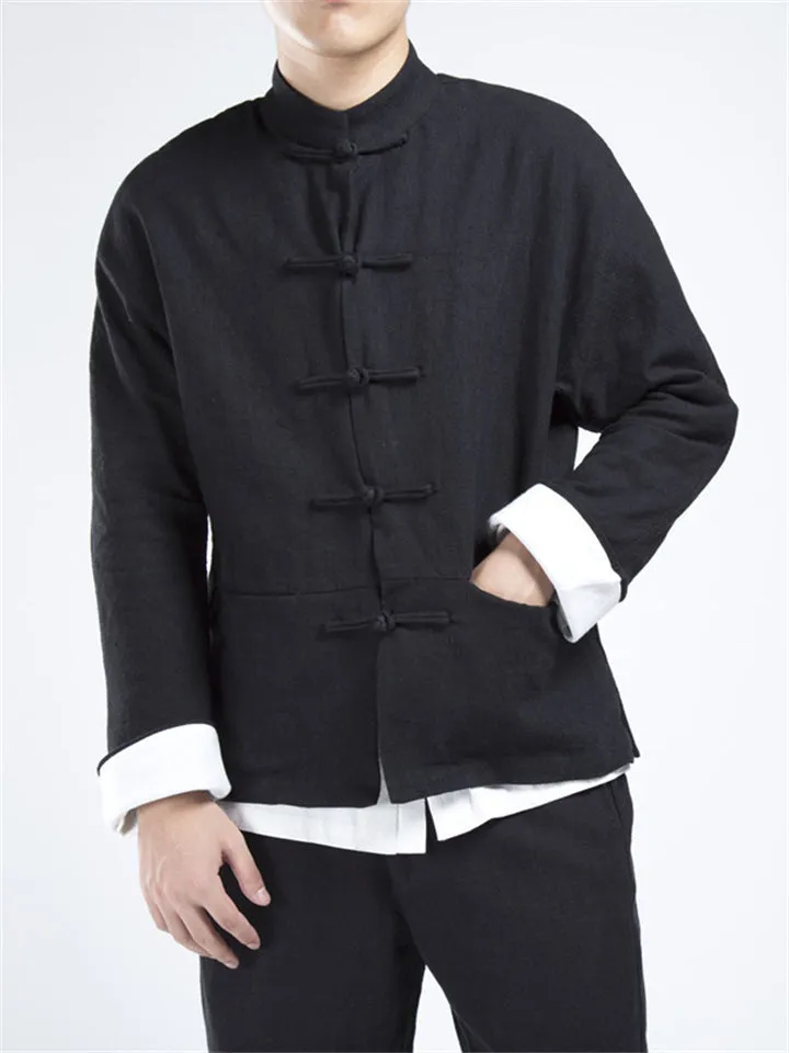 Men's Pure Color Cotton Linen Tang Suit Jackets