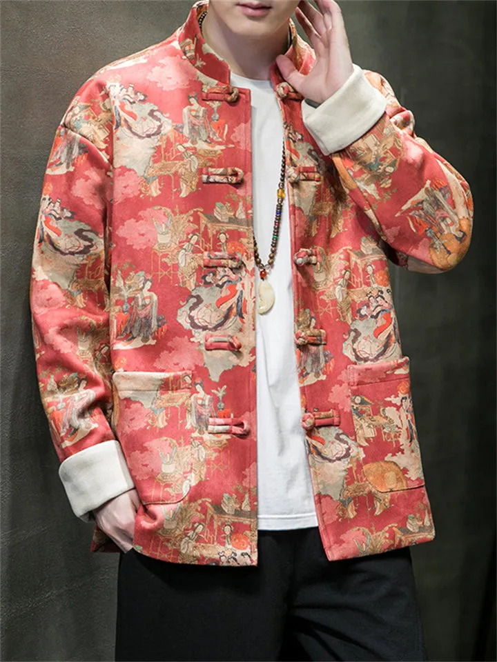 Men's Tang Dynasty Print Faux Suede Jacket