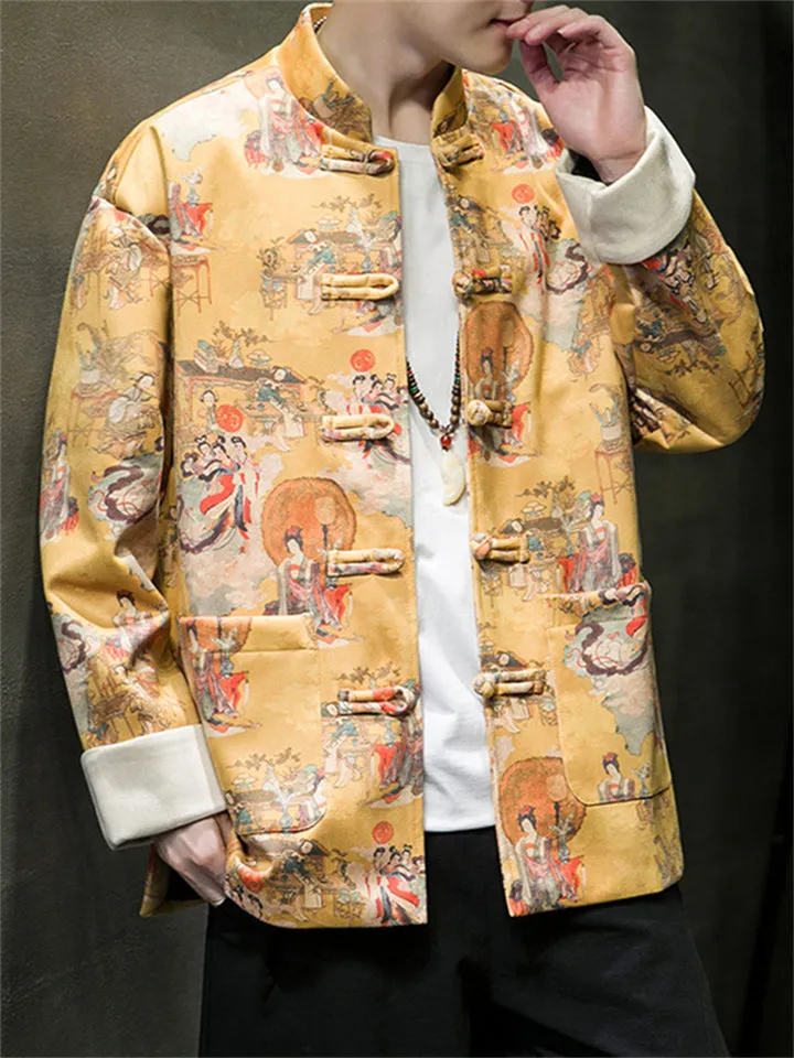 Men's Tang Dynasty Print Faux Suede Jacket
