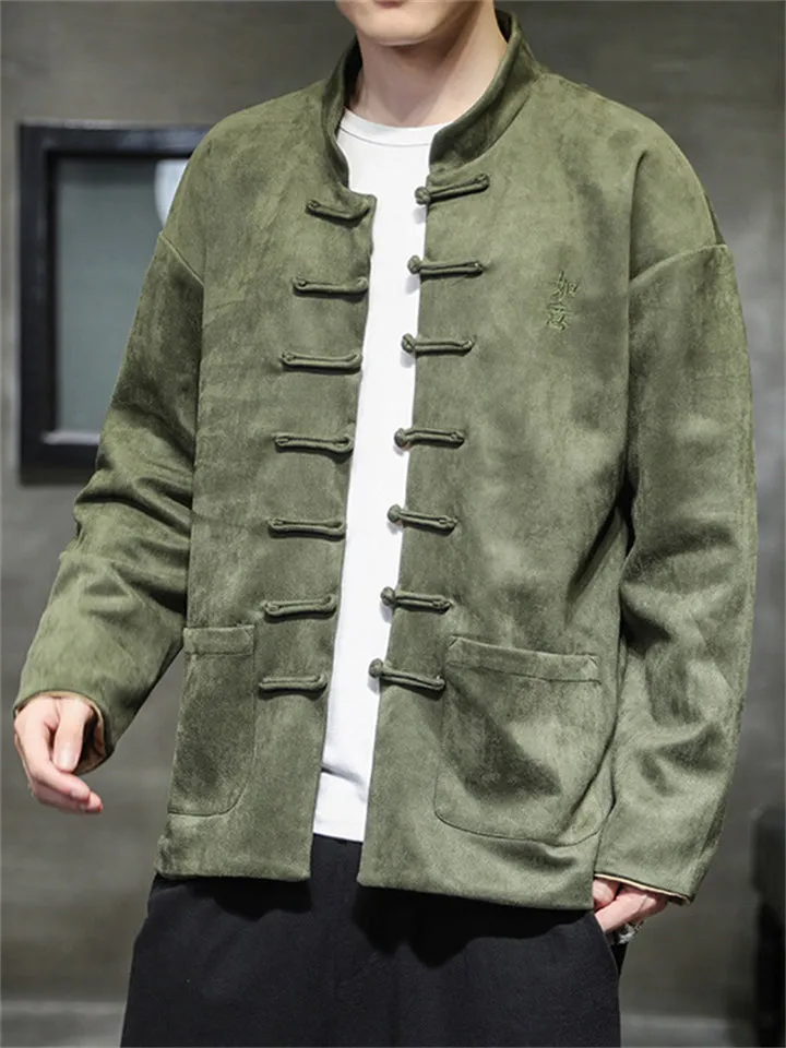 Men's Unique Hanzi Embroidery Knot Button Faux Suede Jacket