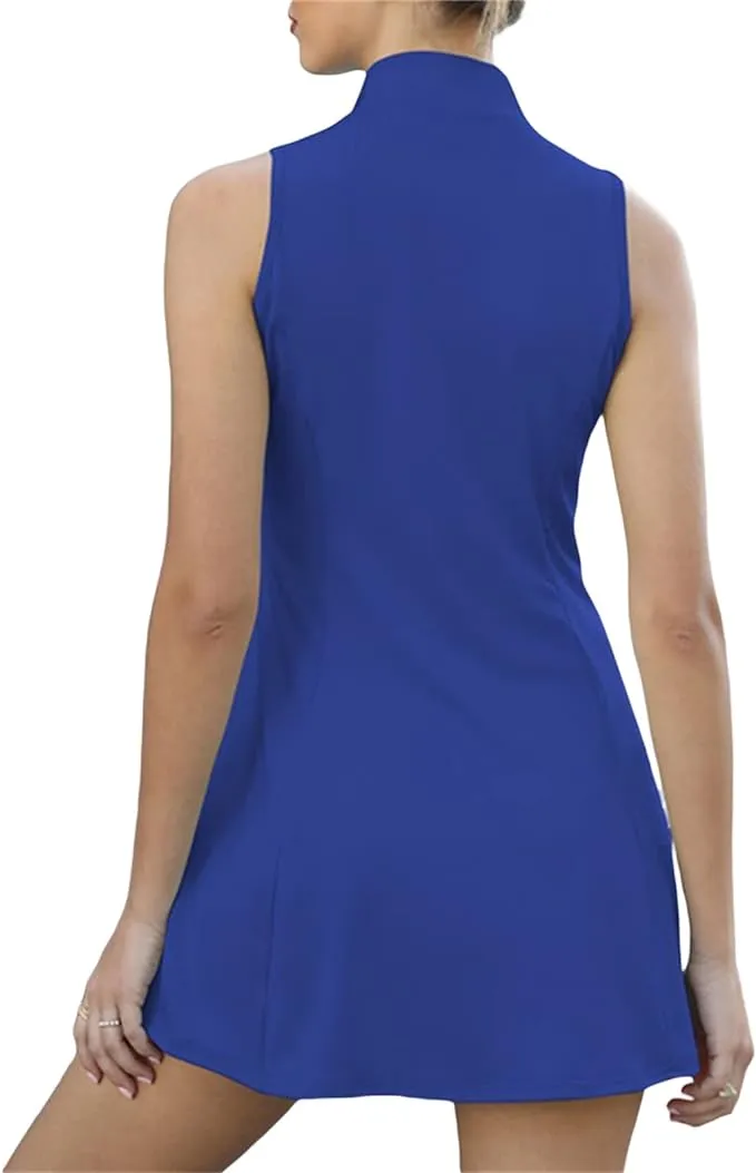 NEW 2 Piece Women Golf Tennis Dress Zipper Collar Workout Sleeveless Athletic Dress with Shorts and Pockets Sportswear, Sapphire Blue, Sz S