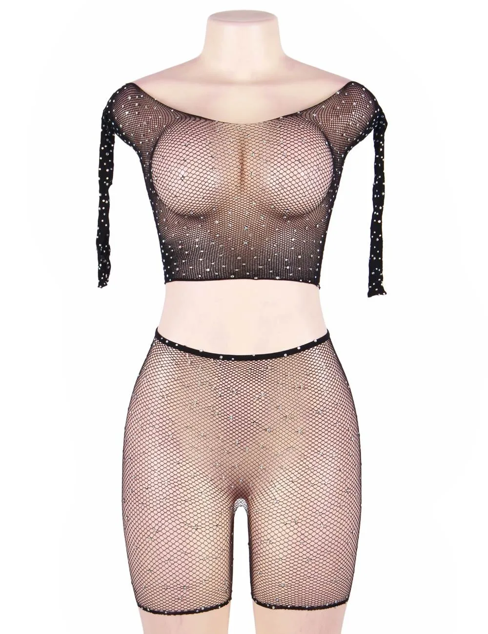 New Two Piece Fishnet Rhinestone See Through Long Sleeve Top and Shorts Set