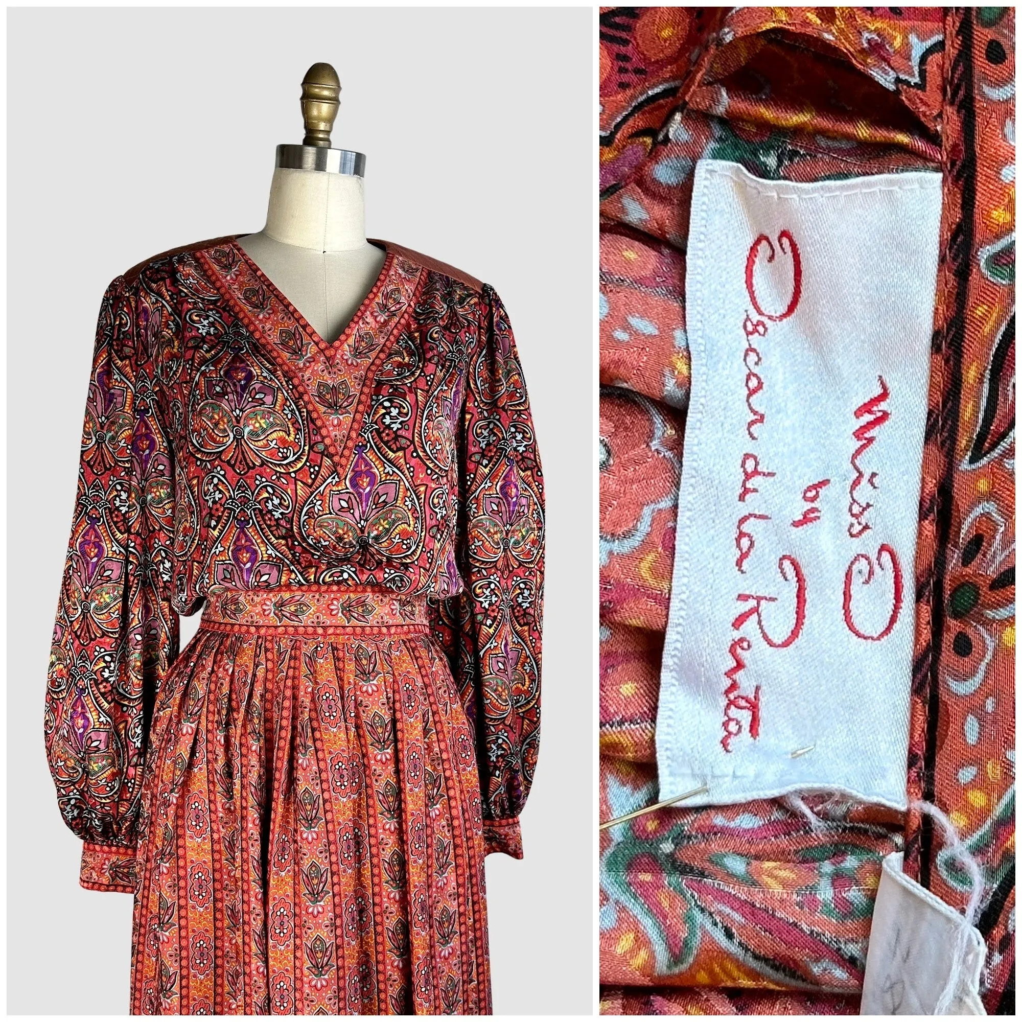 OSCAR De LA RENTA Miss O 80s Silk  Blouse and Skirt • Small / Medium