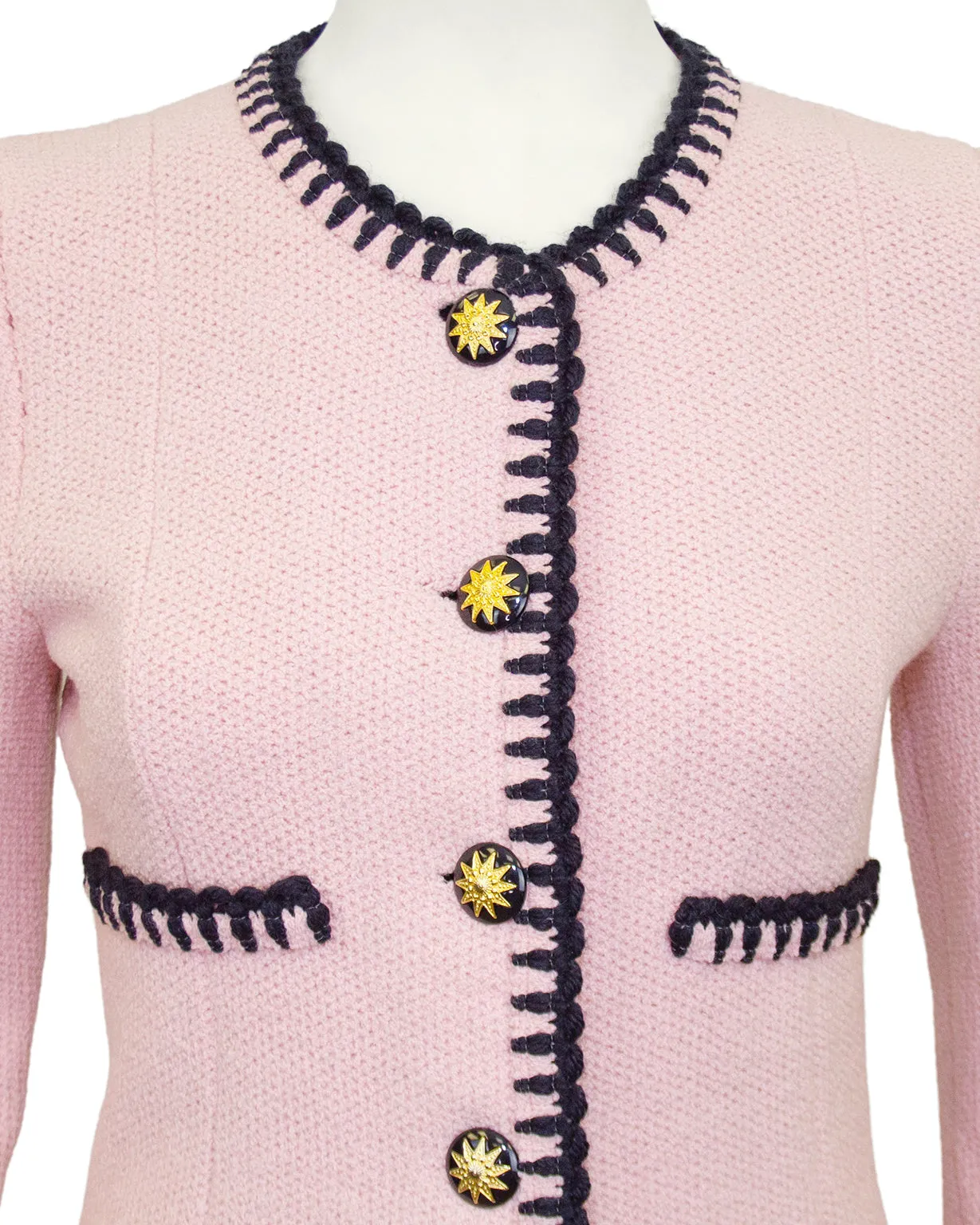Pink Wool Knit Skirt Suit with Black Trim