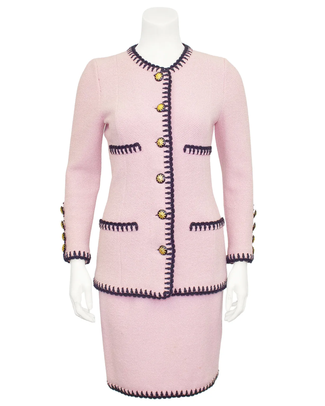 Pink Wool Knit Skirt Suit with Black Trim