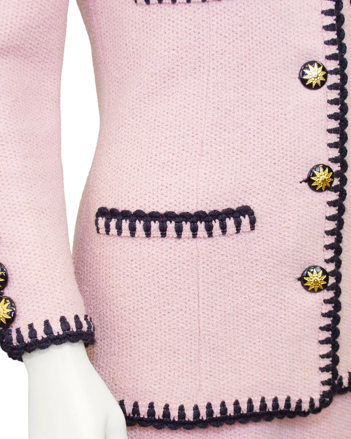 Pink Wool Knit Skirt Suit with Black Trim