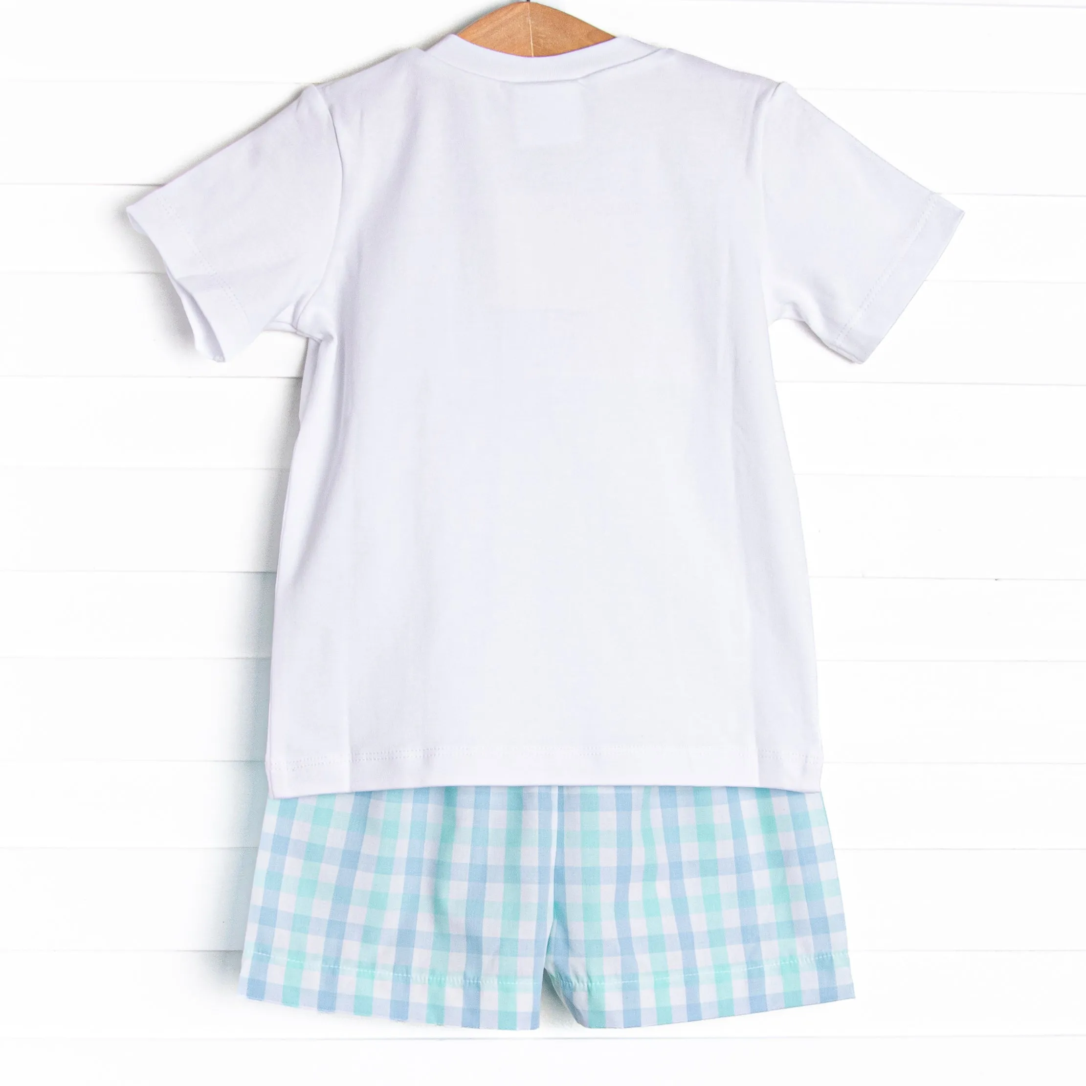 Prehistoric Playtime Smocked Short Set, Green Plaid