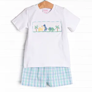 Prehistoric Playtime Smocked Short Set, Green Plaid