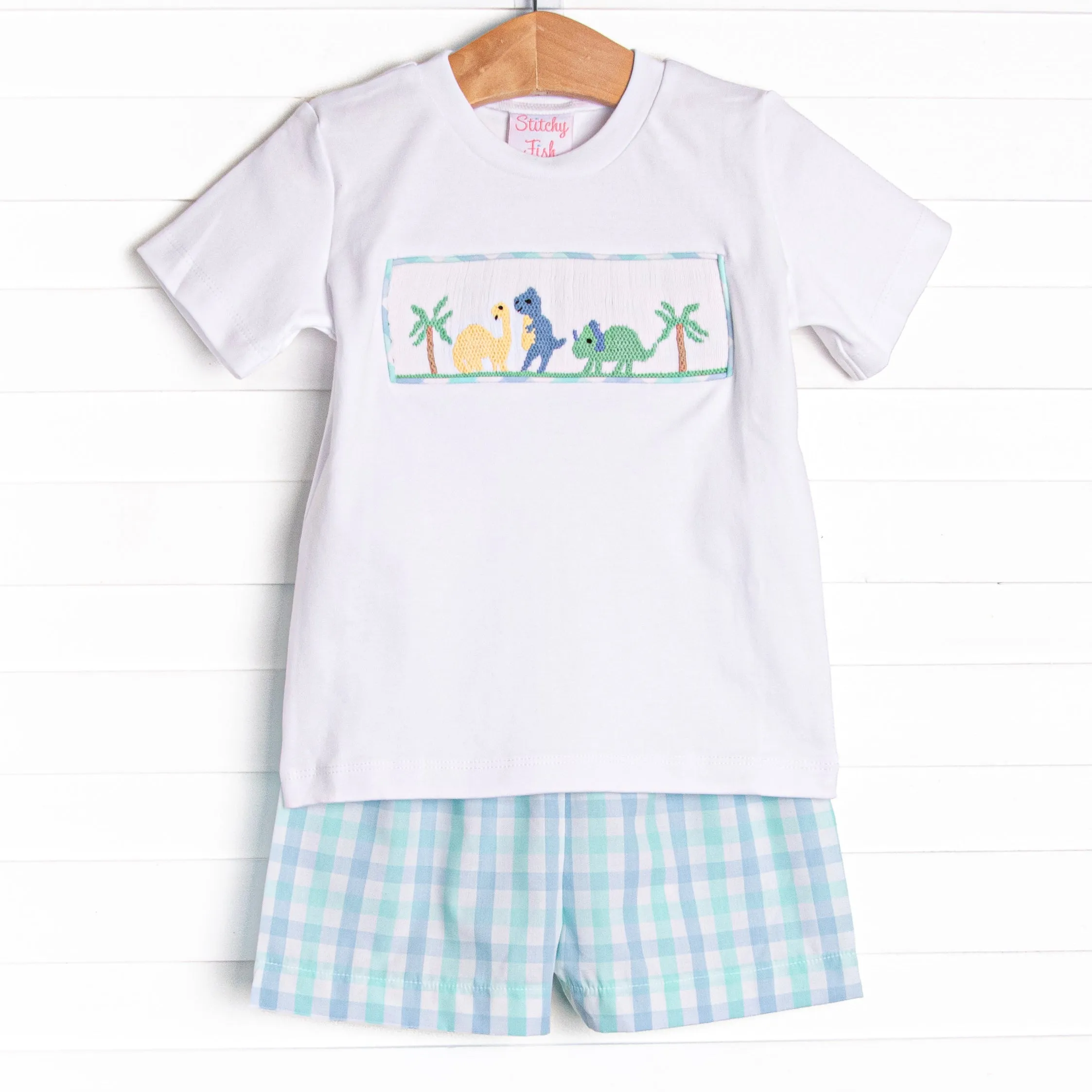 Prehistoric Playtime Smocked Short Set, Green Plaid