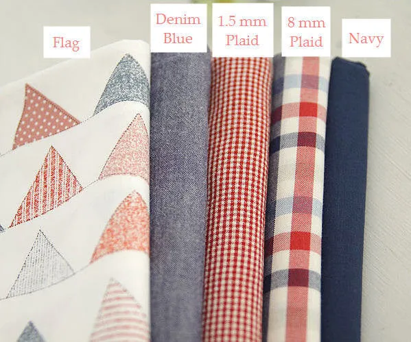 Red Blue Cotton Fabric - Bunting Flags, Solid Denim Blue, Solid Navy, Small Plaid, Big Plaid - By the Yard 56828