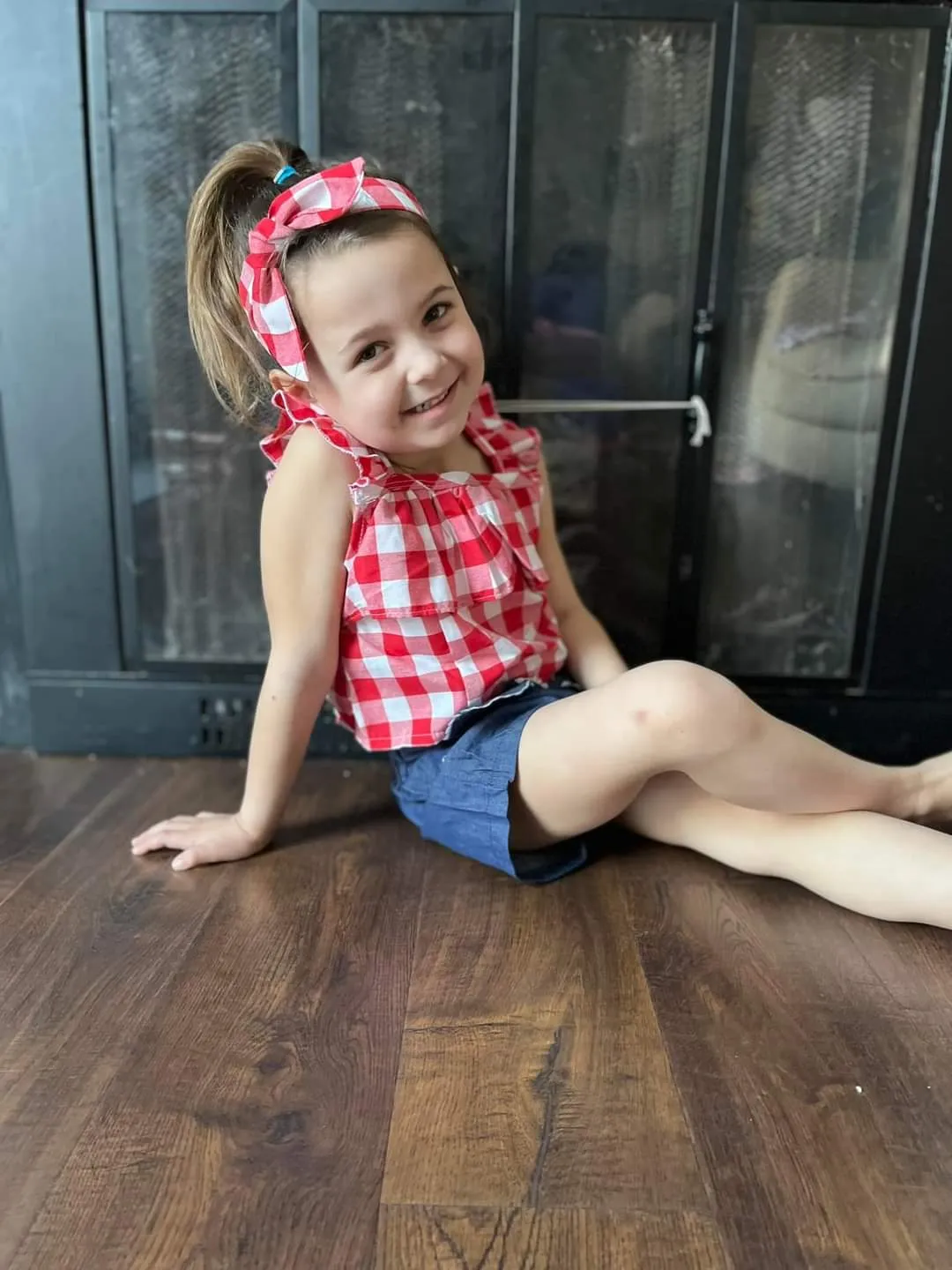 Red Gingham Plaid Chambray Short Set
