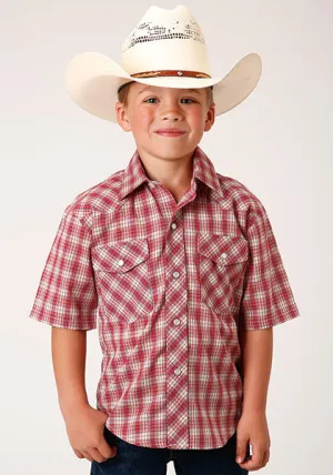 Roper Boy's Red & Multi Colored Small Scale Plaid Short Sleeve Western Snap Shirt