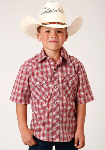 Roper Boy's Red & Multi Colored Small Scale Plaid Short Sleeve Western Snap Shirt