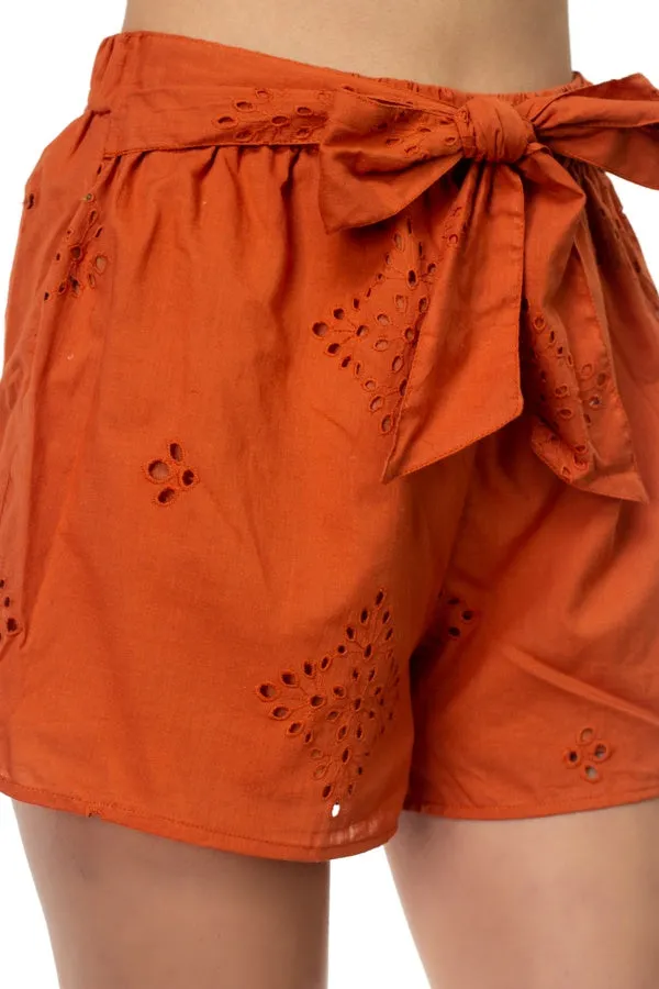 Smocked Off Shoulder Top & High Waist Eyelet Shorts Set