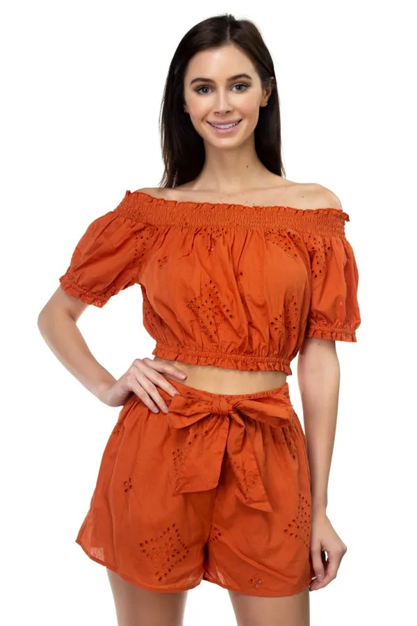 Smocked Off Shoulder Top & High Waist Eyelet Shorts Set