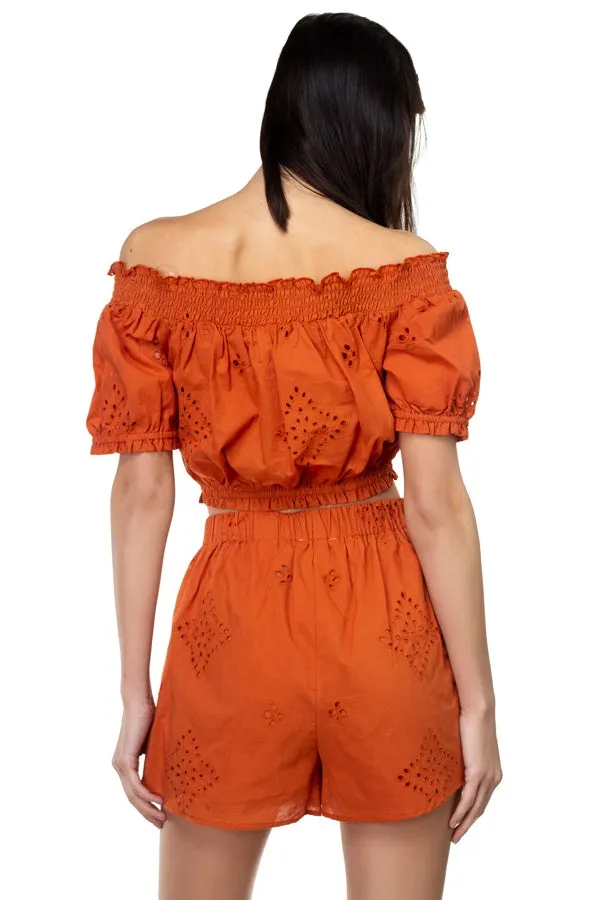Smocked Off Shoulder Top & High Waist Eyelet Shorts Set