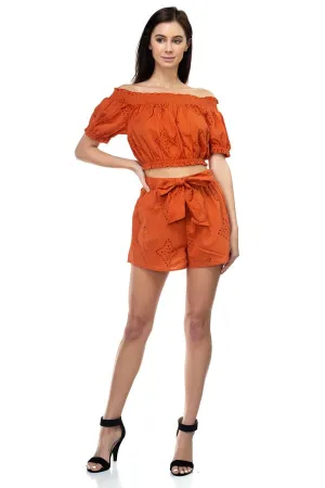 Smocked Off Shoulder Top & High Waist Eyelet Shorts Set