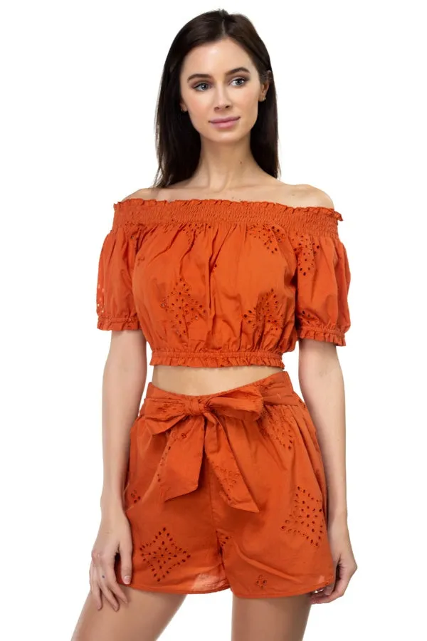 Smocked Off Shoulder Top & High Waist Eyelet Shorts Set