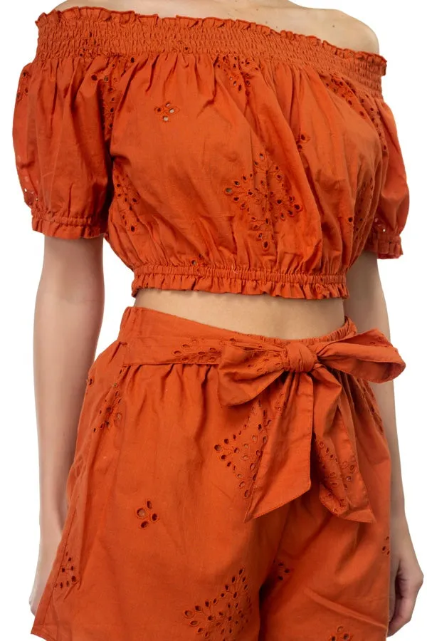 Smocked Off Shoulder Top & High Waist Eyelet Shorts Set