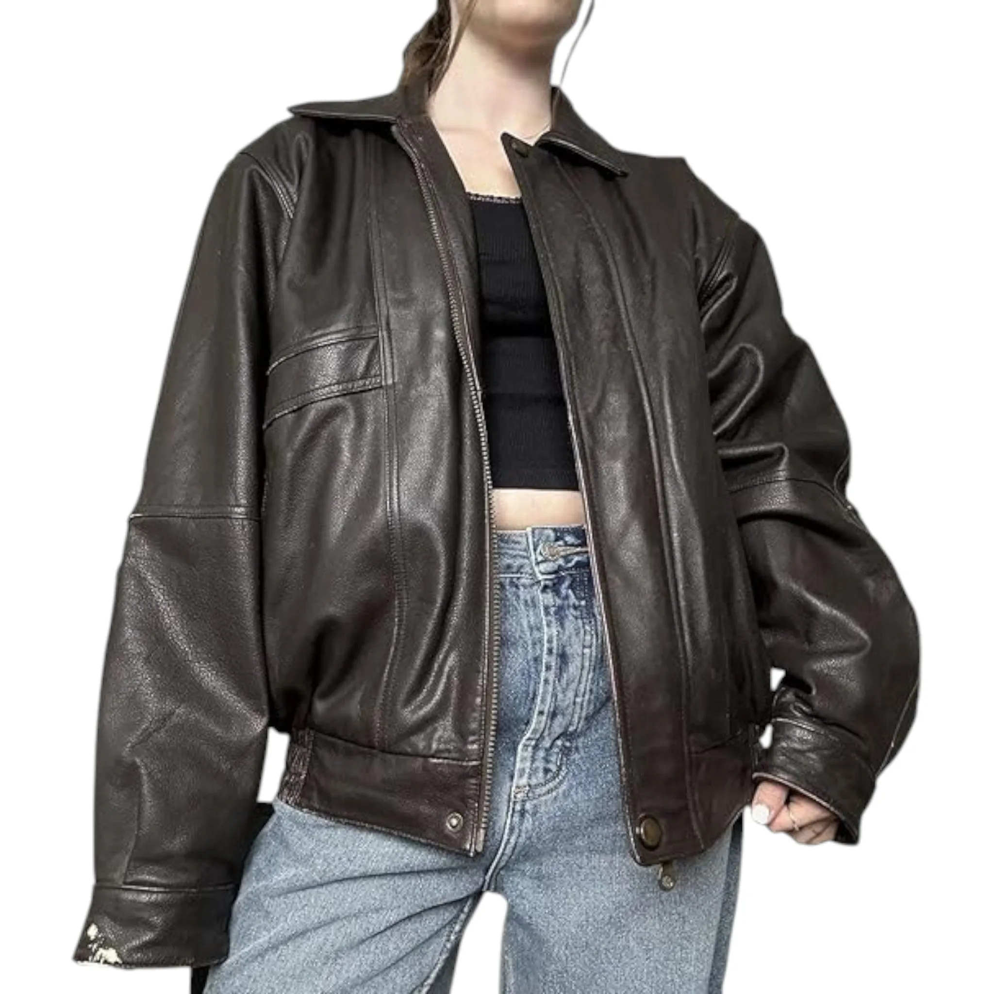 Trendy 90s Brown Leather Bomber Jacket - Women's