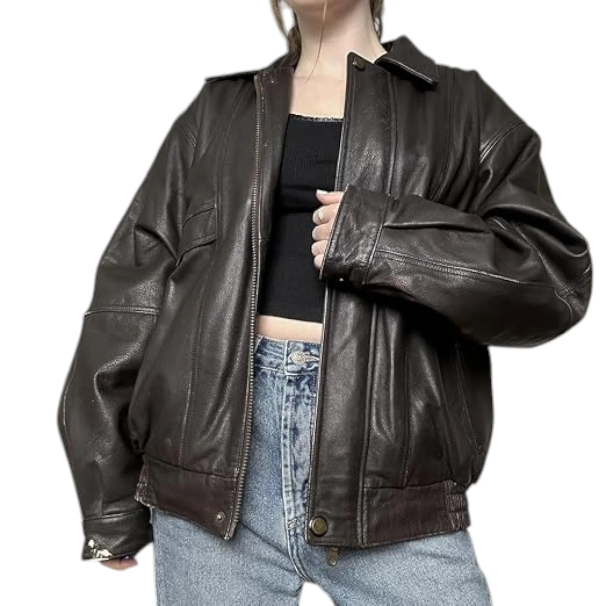 Trendy 90s Brown Leather Bomber Jacket - Women's