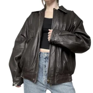 Trendy 90s Brown Leather Bomber Jacket - Women's
