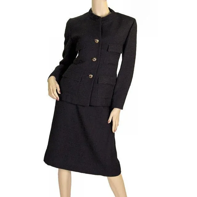 Vintage  Black Textured Wool Ladies Suit Lord & Taylor Davidow 1980s